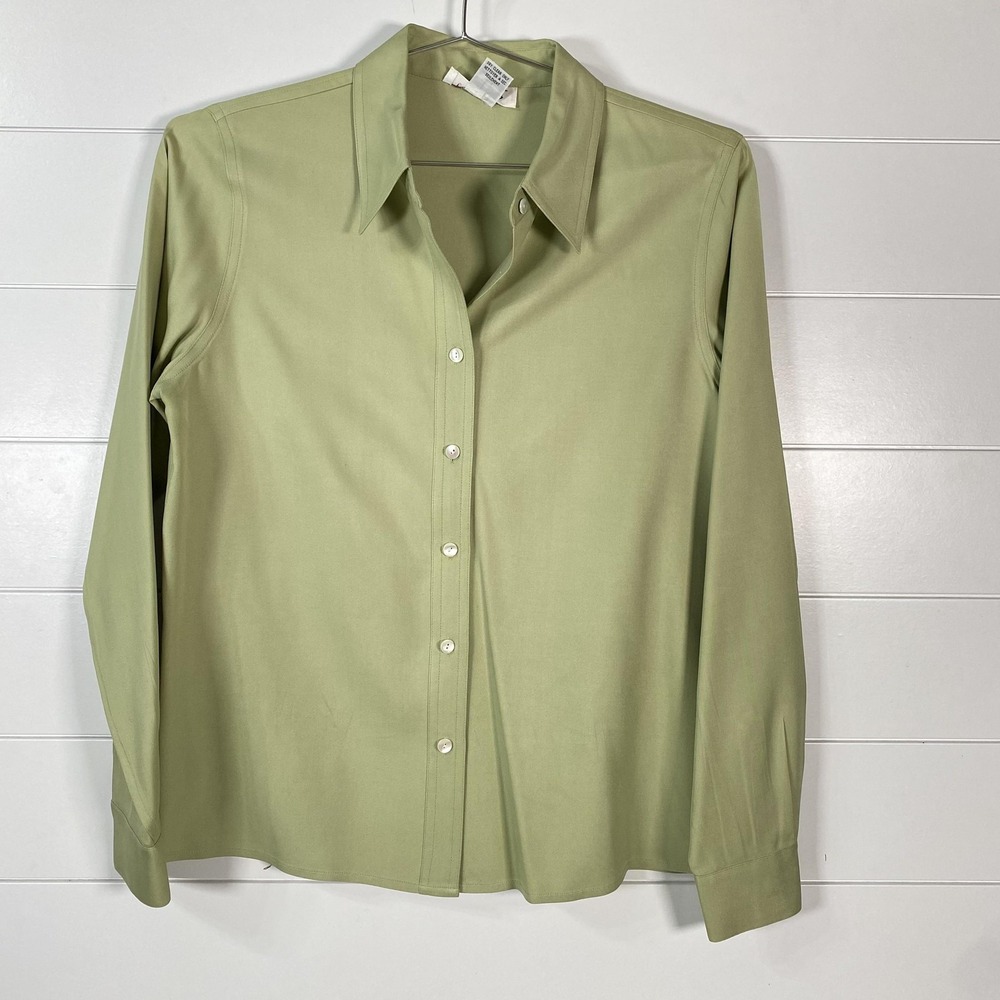 Talbots Shirt Womens 8 Green 100% Silk Button Front Long Sleeve Blouse Collared